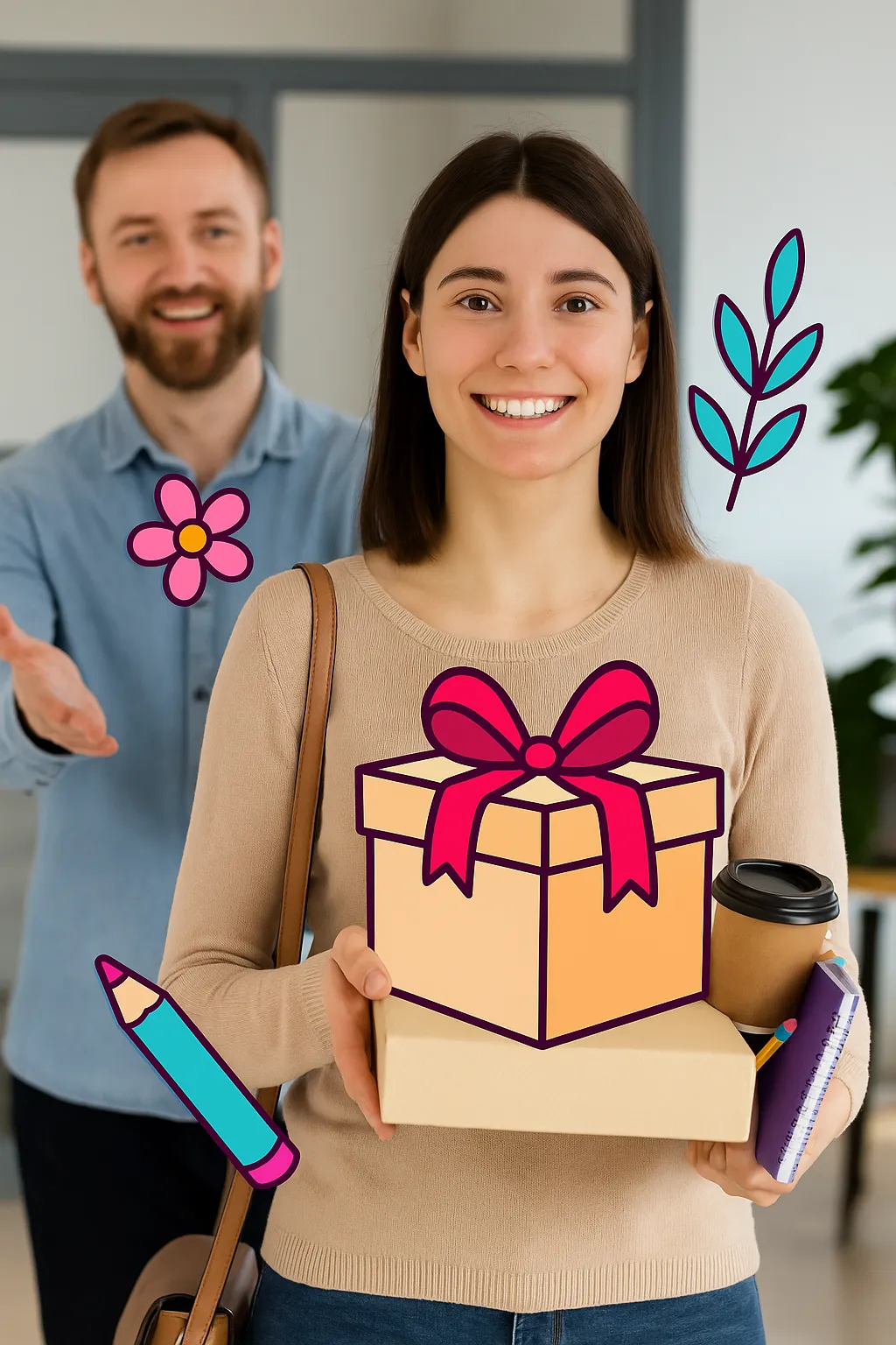 אישה מחזיקה קופסה מהודרת, מחברת וכוס קפה, ואיש מאחוריה מושיט ידו.