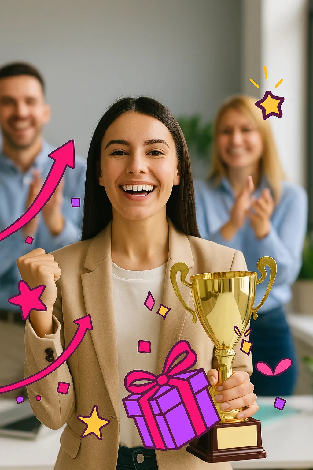 אישה מחזיקה גביע זהב ולצידה שני אנשים שמחים שמחאים כפיים