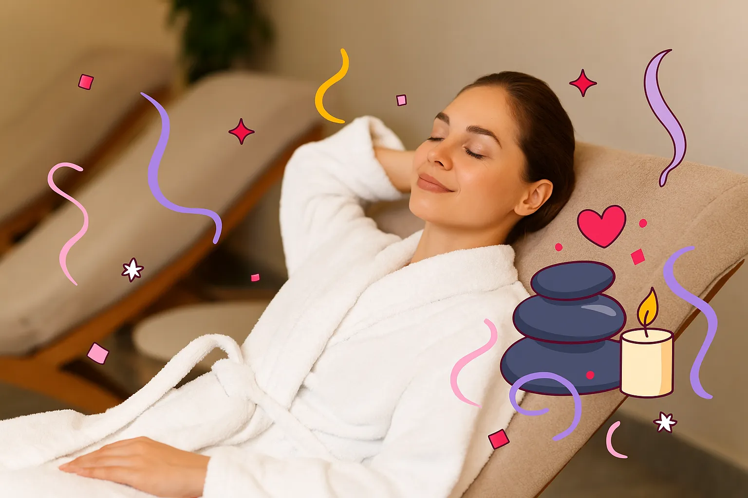 אישה נינוחה בלבוש חלוק לבן שוכבת על כיסא עם איורי מדיטציה סביב ראשה.