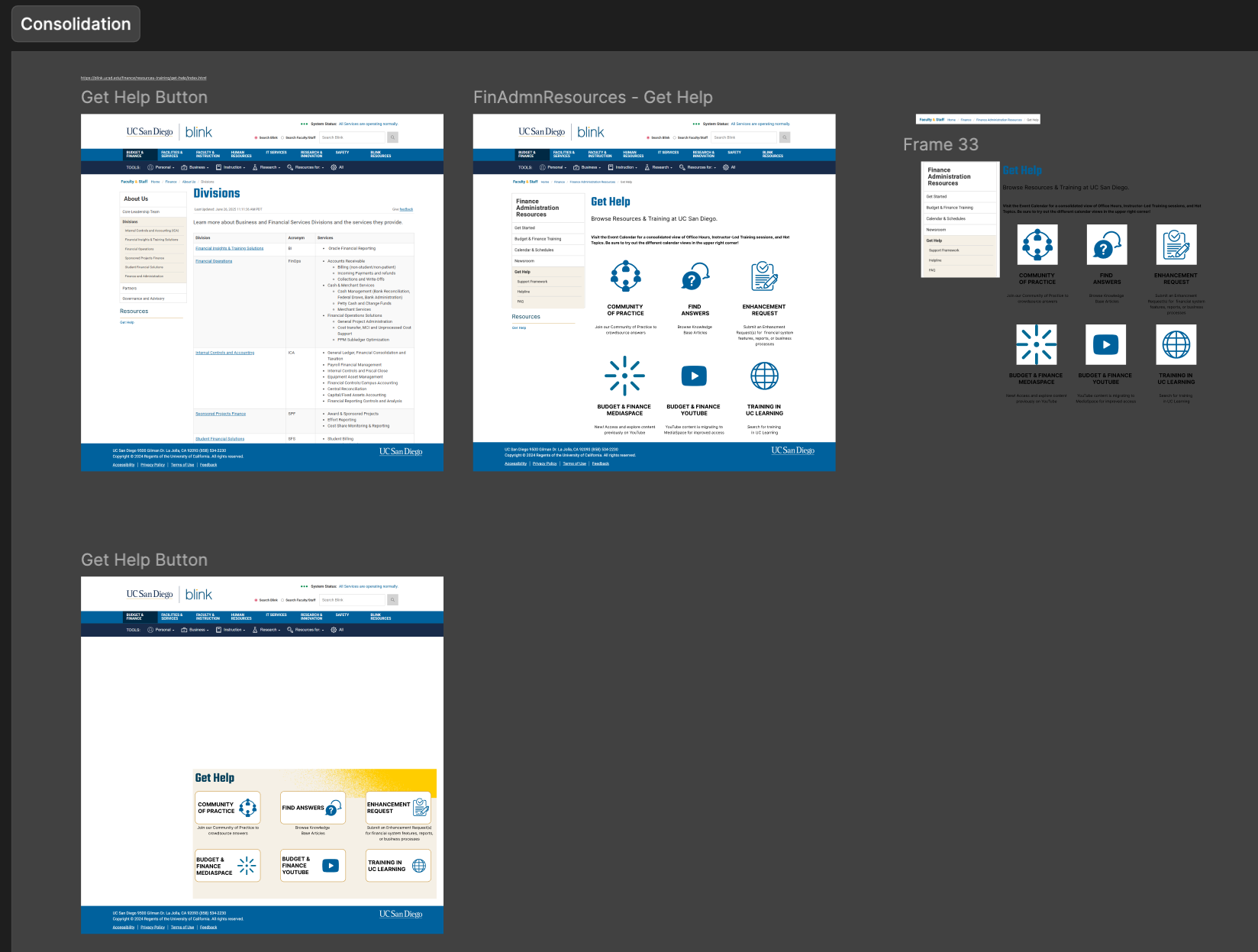 Figma consolidation canvas showing all Get Help page variants