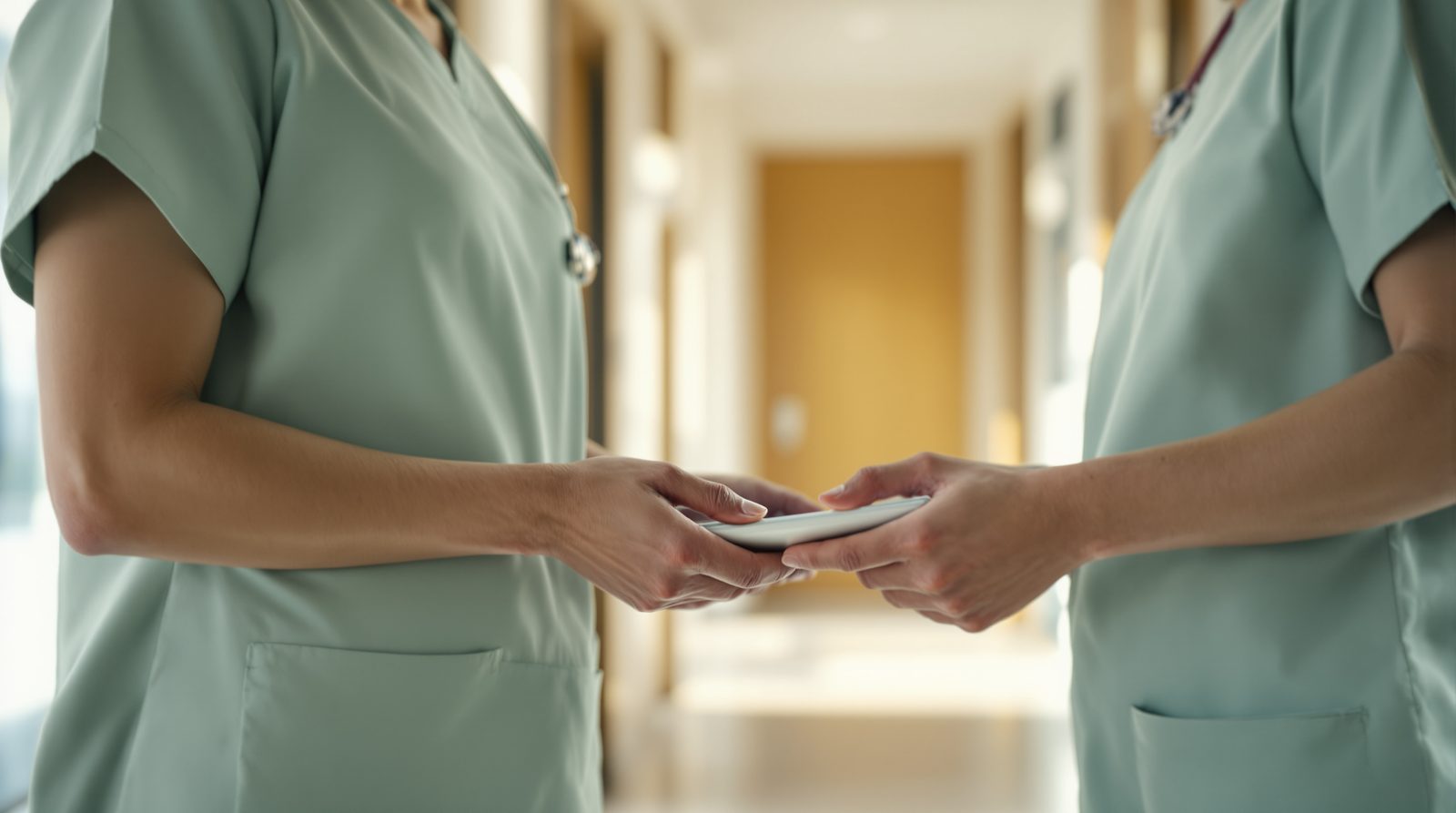 Two practitioners handing over a tablet in the clinic hallway between appointments
