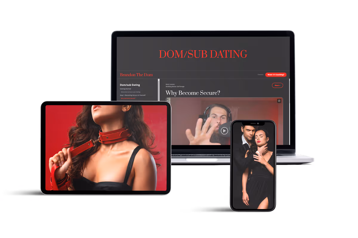 Three digital devices displaying dom/sub dating content, including a laptop screen with a course page, a tablet showing a woman in a red collar, and a phone showing a couple in an intimate pose.