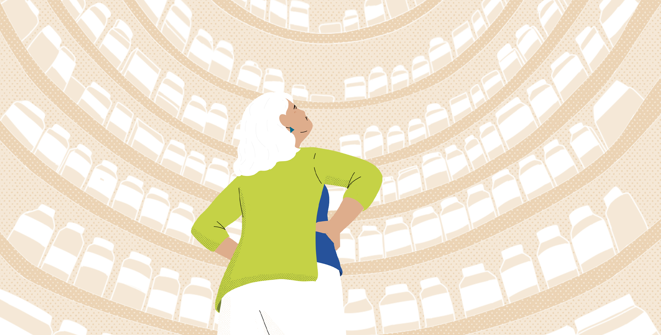 Older person standing infront of a towering shelf of medication looking up with their hands on their hips.