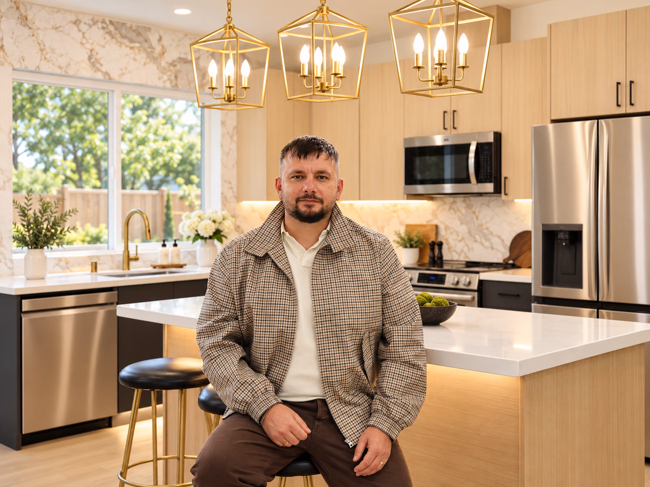 Oleg, owner of Oleg and Sons, seated in a remodeled kitchen in Bellevue