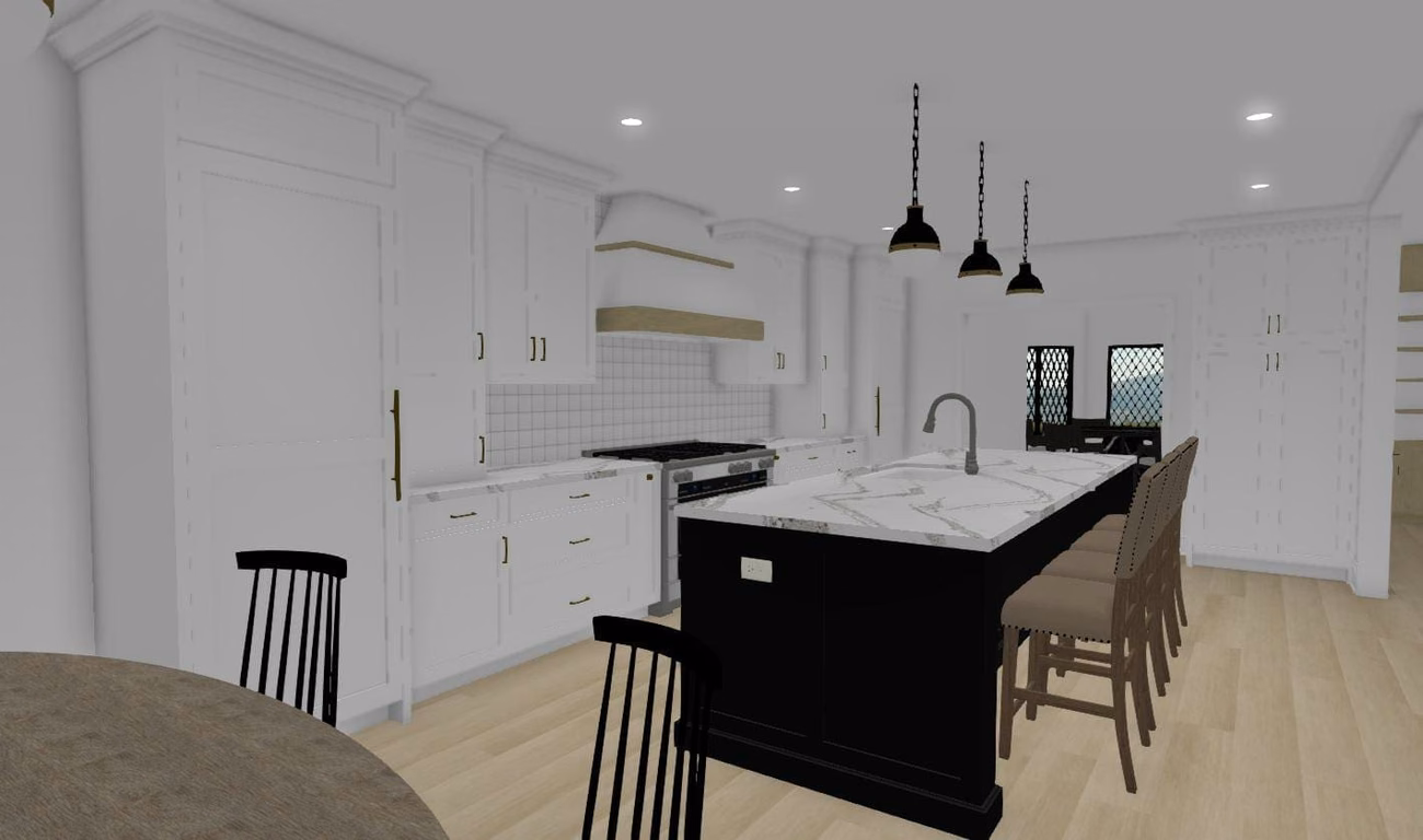 Reference kitchen design visualization with white cabinets and a dark island