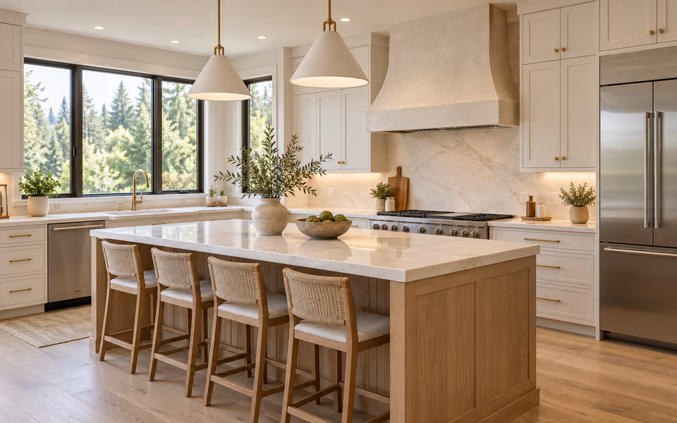 Kitchen design concept with a white oak island, warm white cabinetry and brass accents