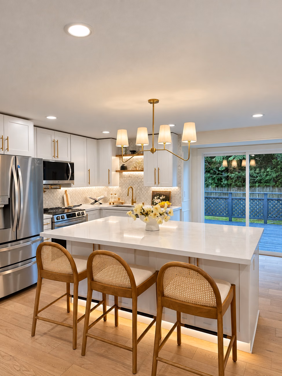 Completed Redmond kitchen with light cabinetry, an island and pendant lighting