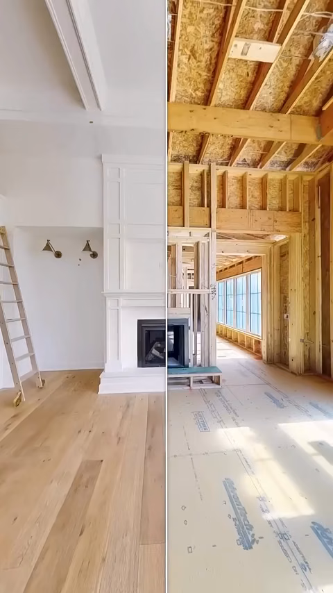 Side-by-side views of a framed home interior and its finished rooms