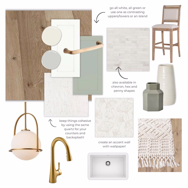 Illustrative mood board with cabinet colors, wood, lighting and fixtures