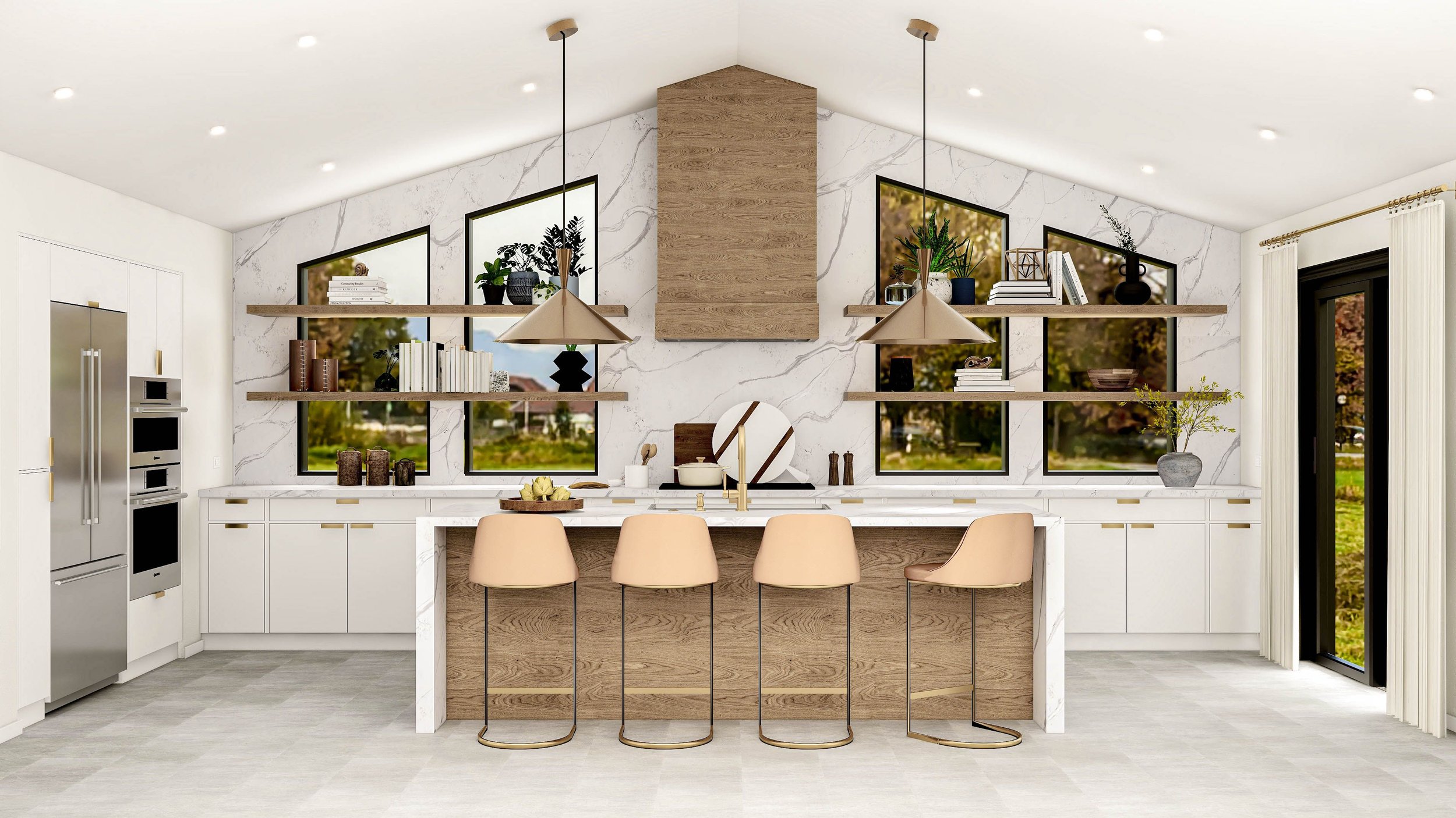 Open kitchen with island seating, a large range hood, pendant lights, and adjoining living space.