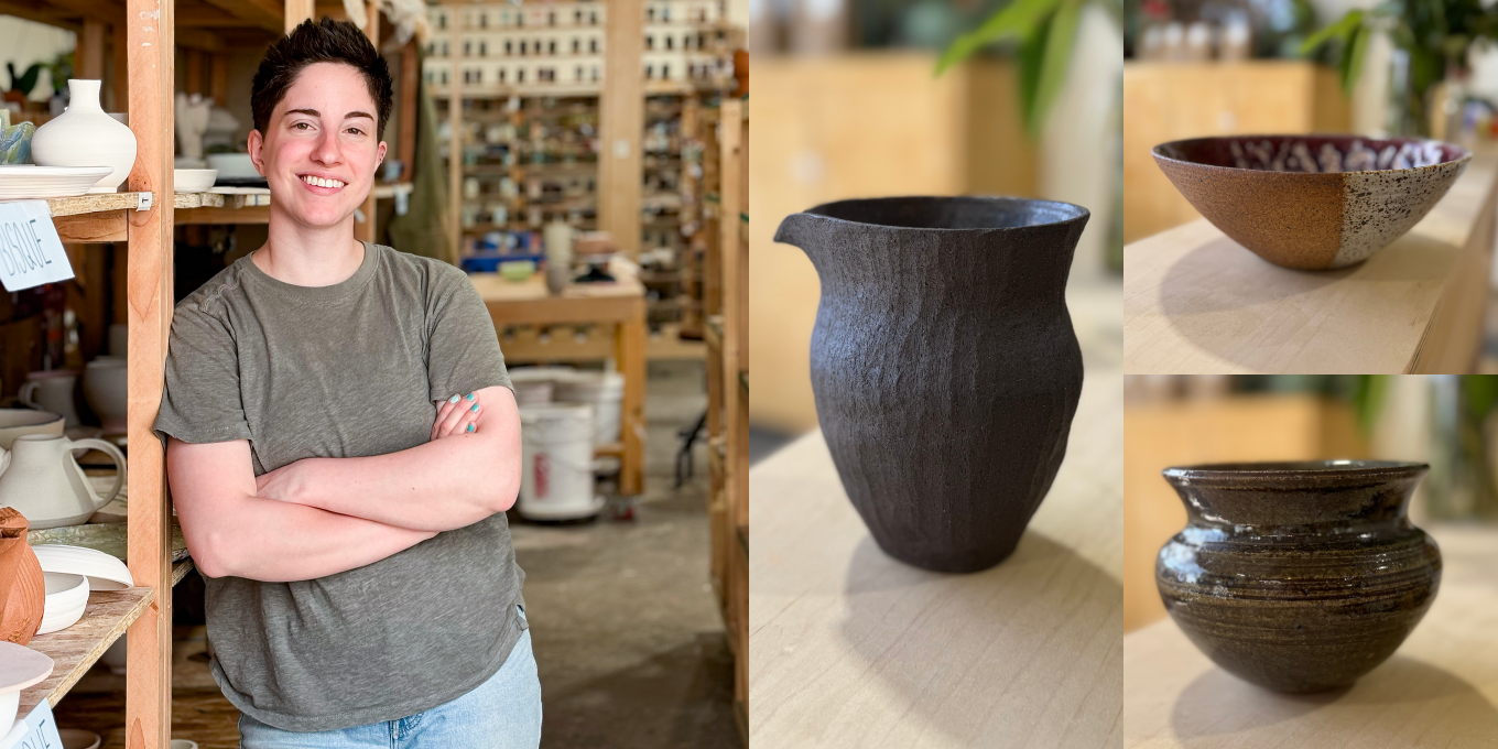 The team member and some of their featured pottery works