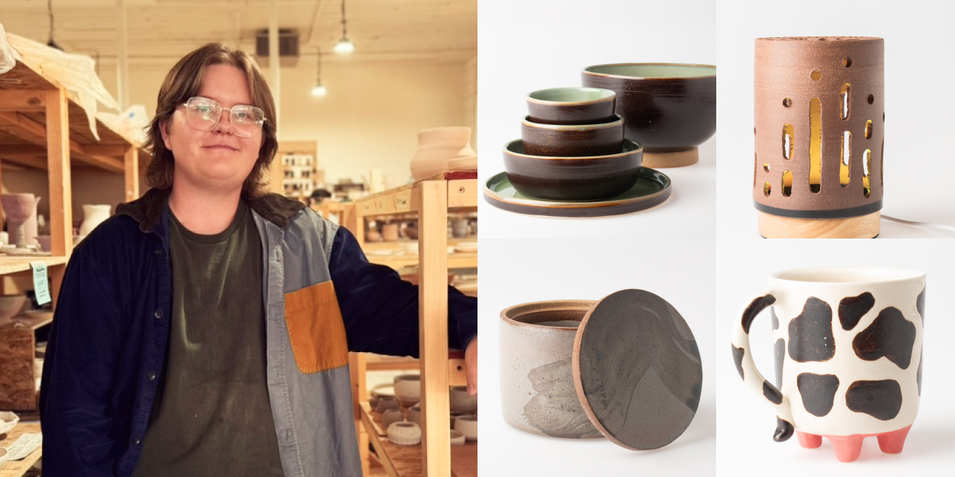 The team member and some of their featured pottery works