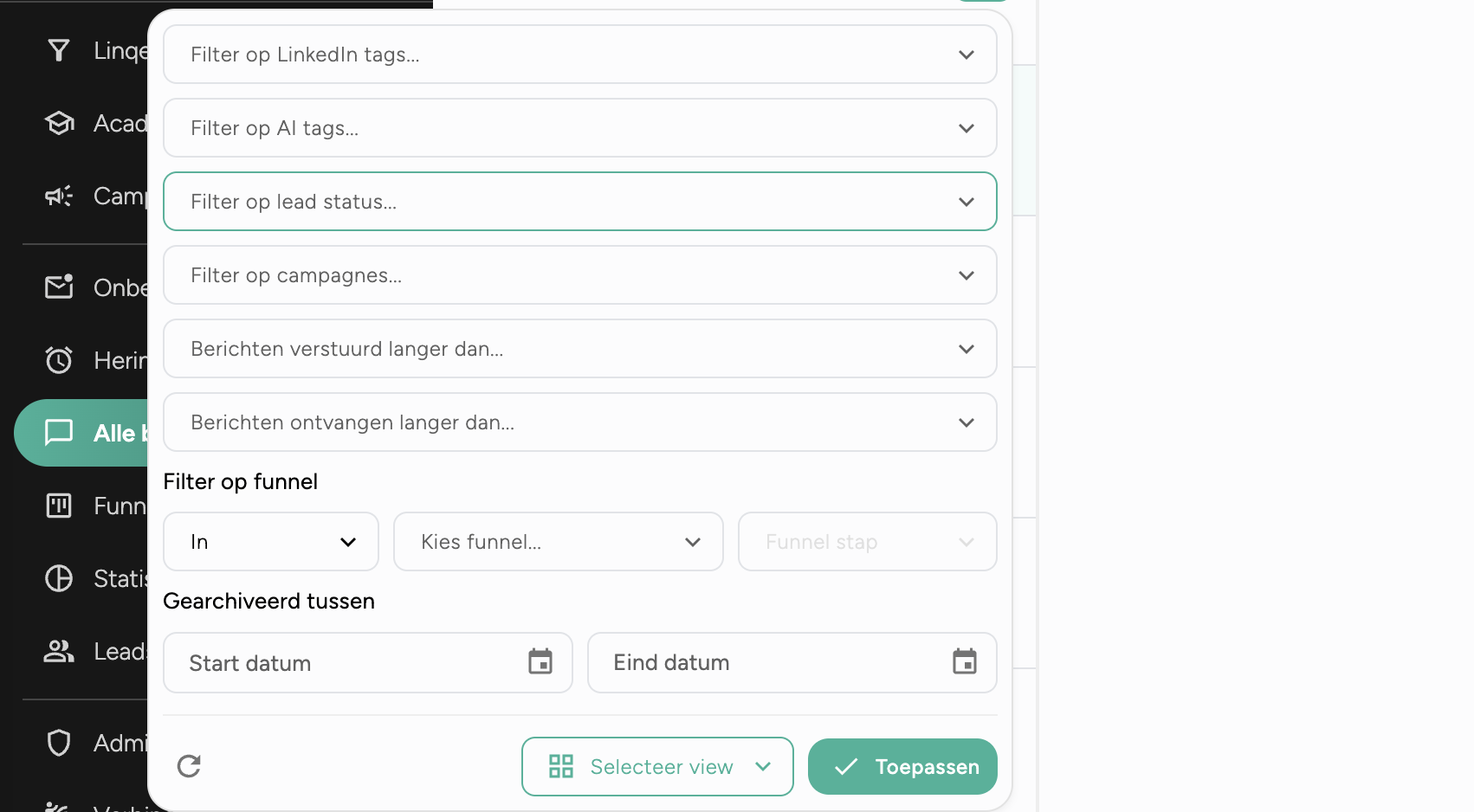 Linqed LinkedIn CRM systeem filters voor sales success en lead opvolging