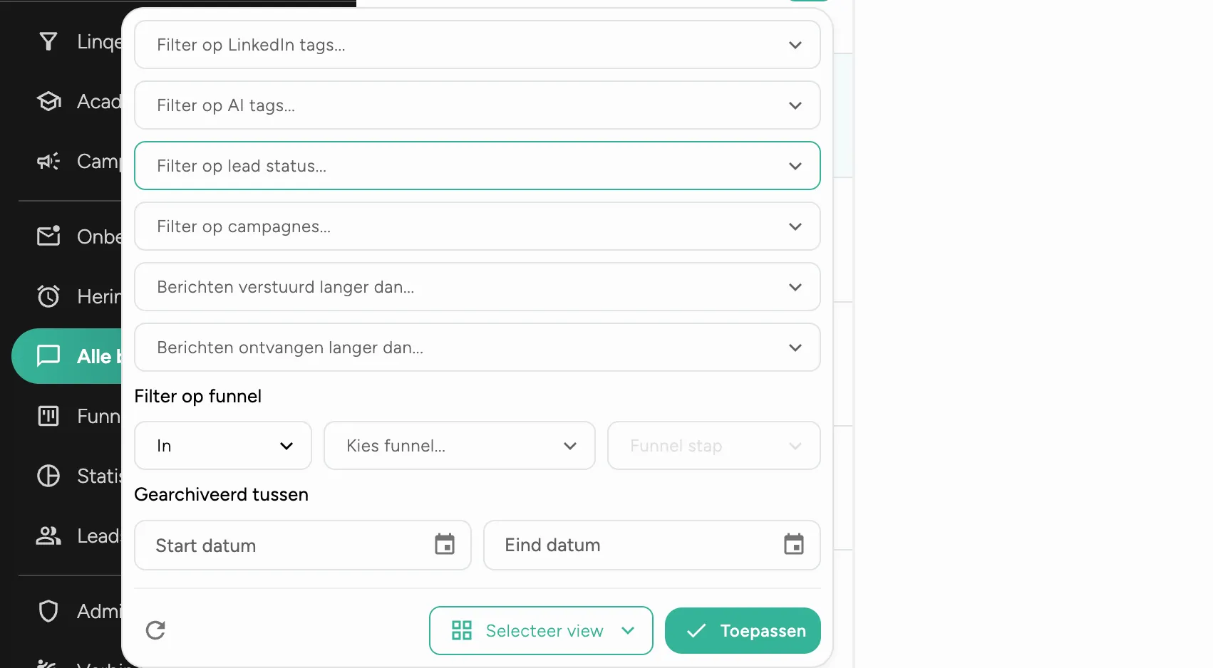 Linqed LinkedIn CRM systeem filters voor sales success en lead opvolging