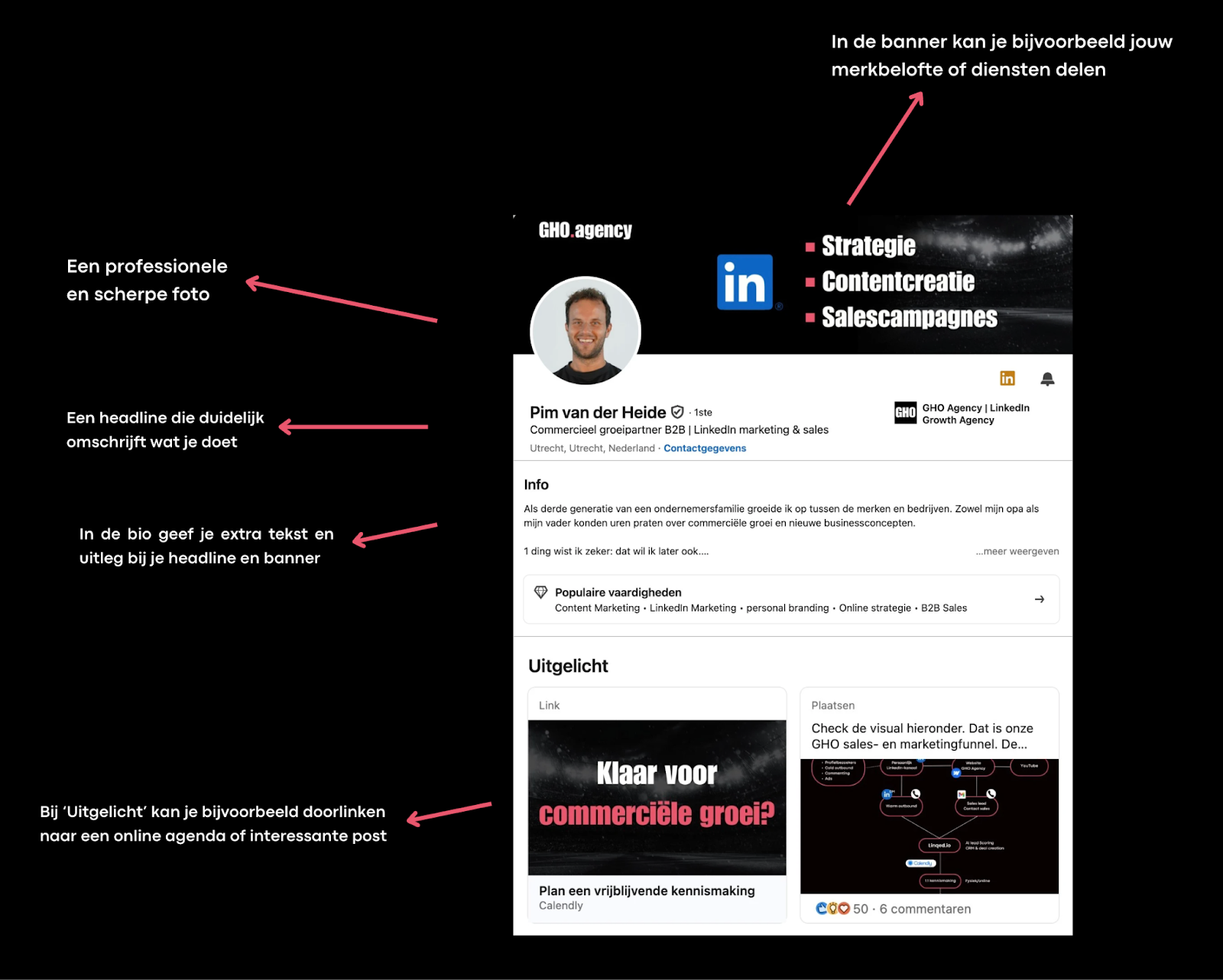Voorbeeld van LinkedIn profiel optimalisatie met focus op headline, bio en call-to-action