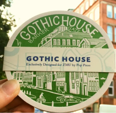 Gothic House, Nottingham. A set of letterpress coasters by Pop Press