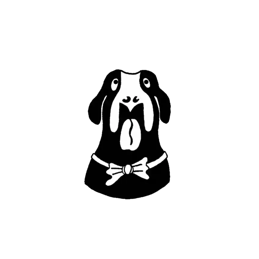 An illustrated animation of a Saint Bernard dog with a spinning bowtie.