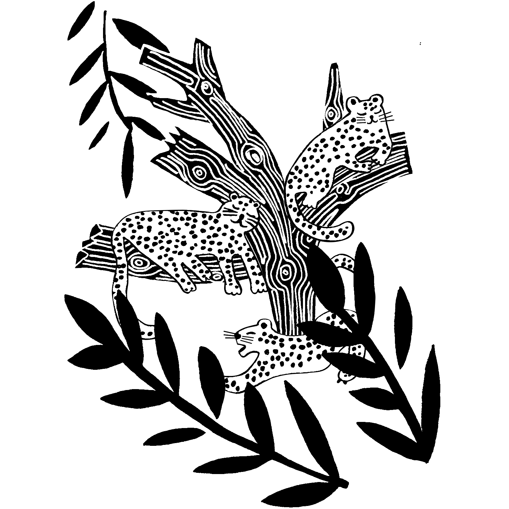 An illustrated animation of three leopards in a tree.