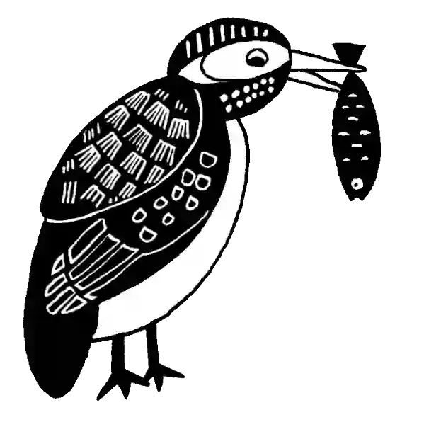 Animated illustration of a kingfisher with a fish in it's beak.