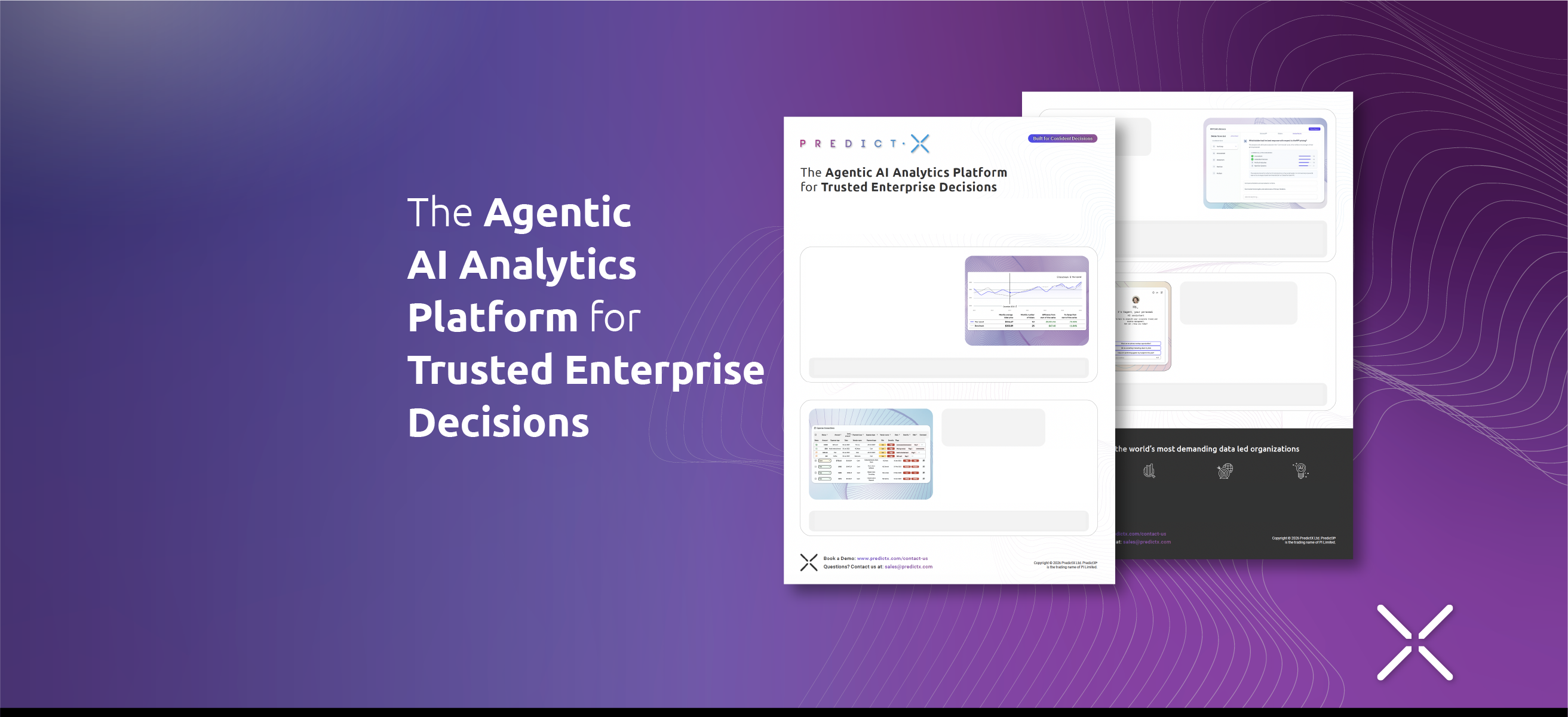 PredictX Solutions Product Sheet cover showing the Agentic AI Analytics Platform for Trusted Enterprise Decisions with dashboard and expense audit screenshots