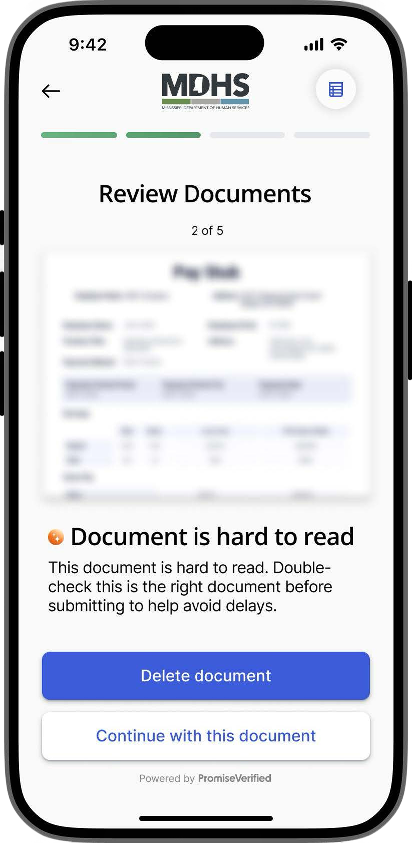 MDHS Review Documents screen with document quality feedback, powered by PromiseVerified