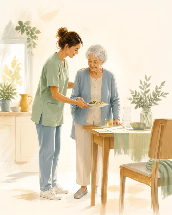 Une auxiliaire de vie sert un repas à une dame âgée