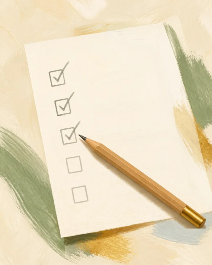 Une checklist en partie cochée, crayon posé dessus — préparer la sortie d'hospitalisation