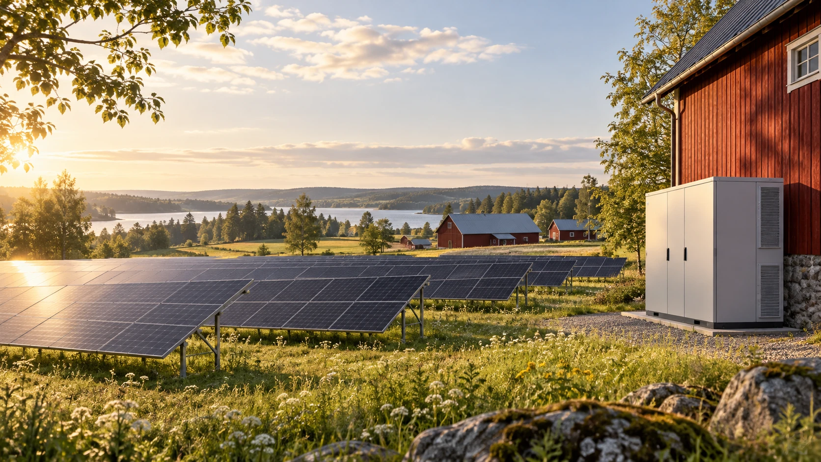 Kuvitus maatilan aurinkovoimalan ja akuston kokonaisuudesta