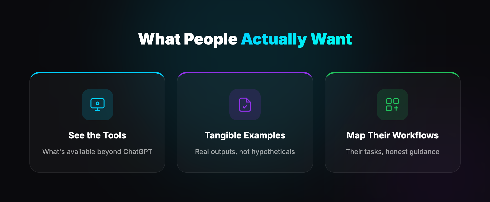 What People Actually Want: See the Tools, Tangible Examples, Map Their Workflows