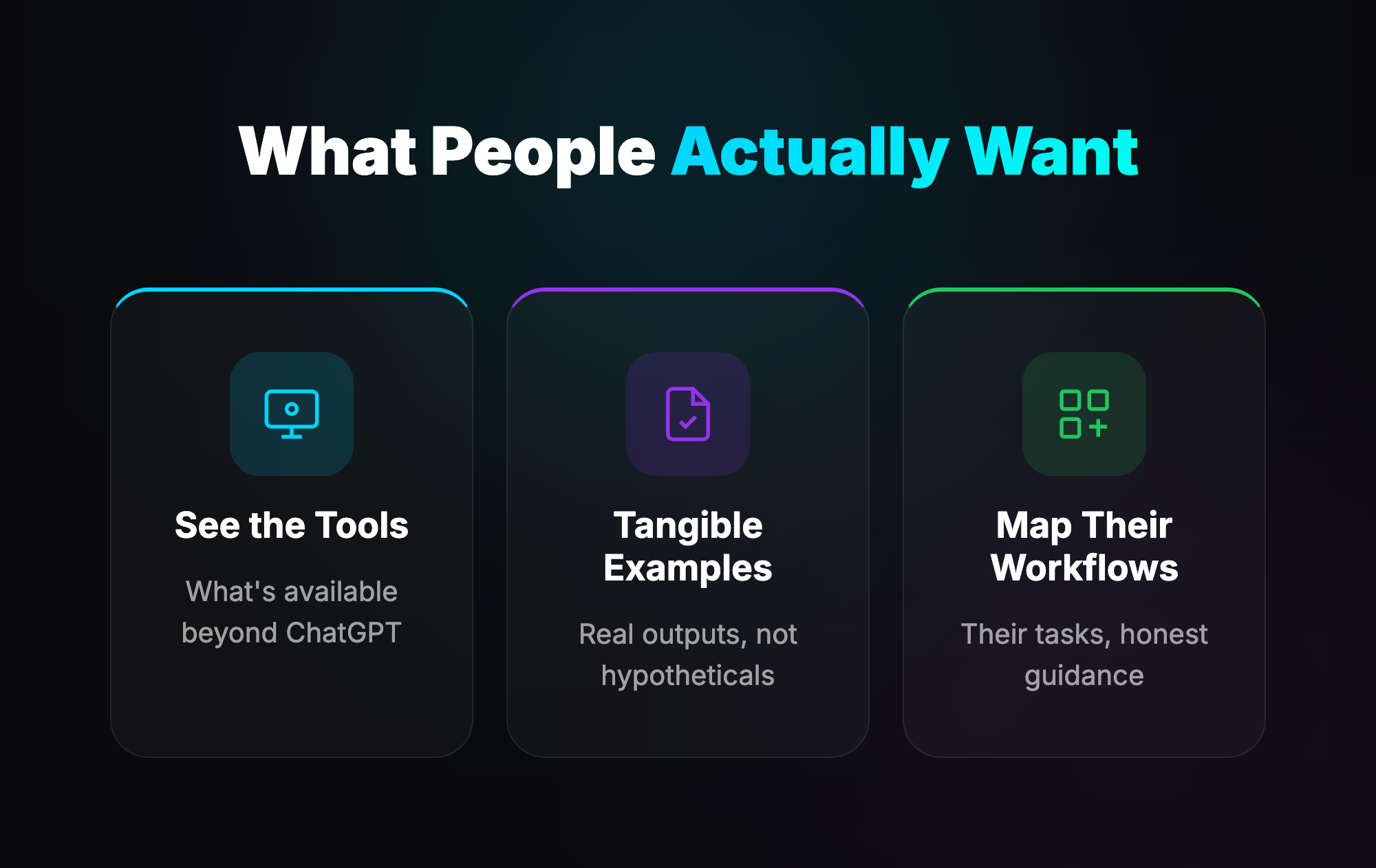 What People Actually Want: See the Tools, Tangible Examples, Map Their Workflows