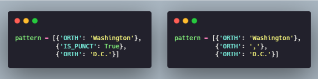 Two Match patterns options for spaCy Matcher that match for 