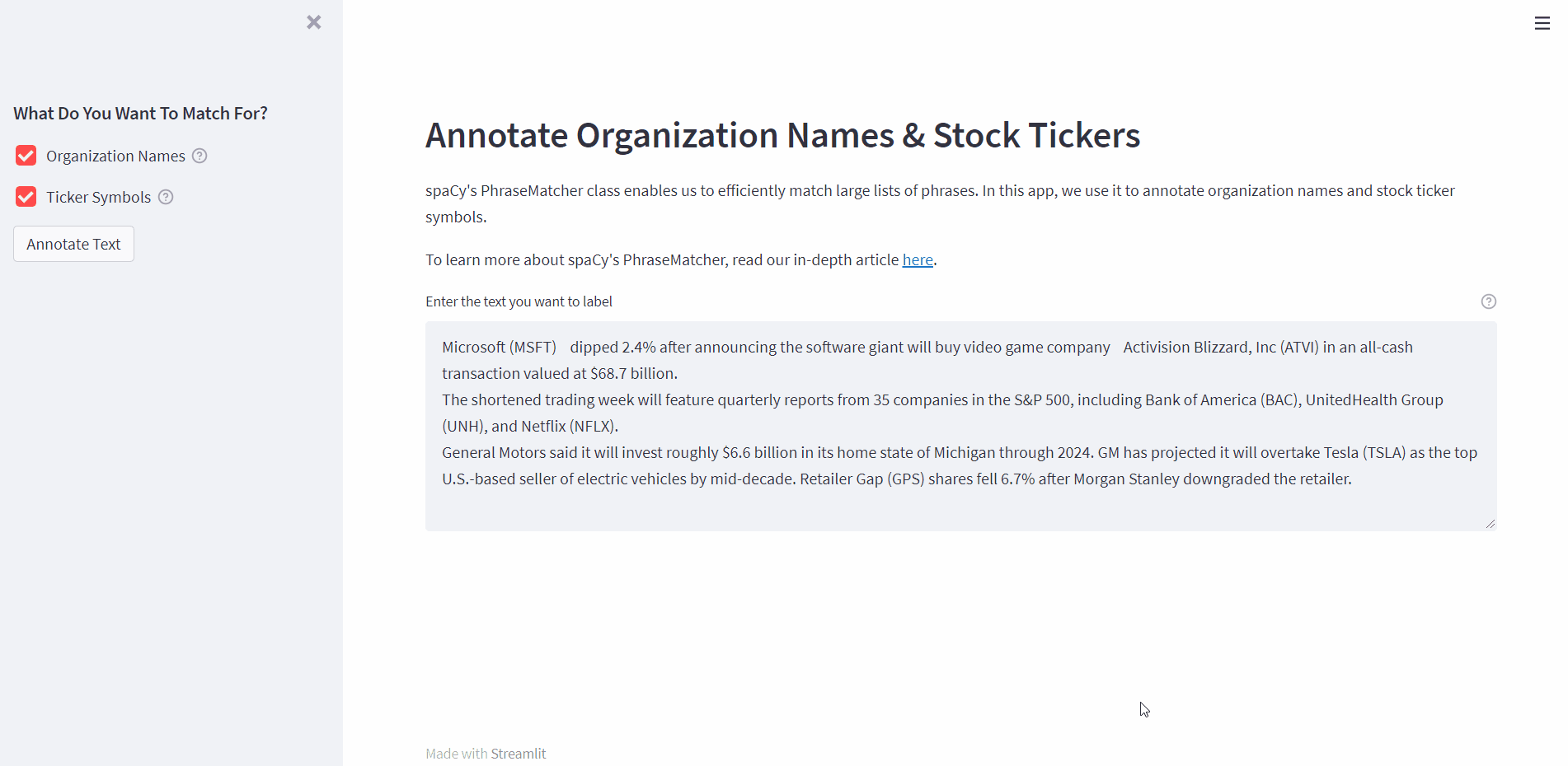 GIF of the app that demonstrates the PhraseMatcher text annotator we build in the article