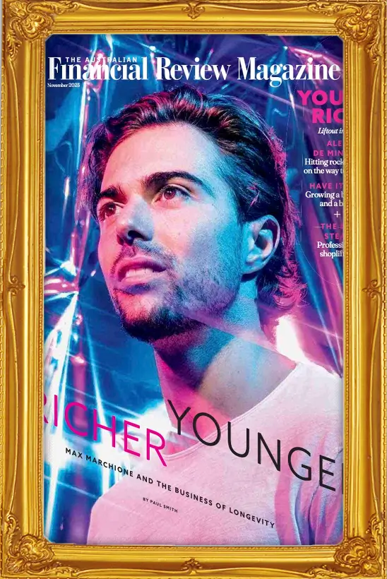 Cover of The Australian Financial Review Magazine November 2025 featuring Max Marchione with neon blue and pink lighting.