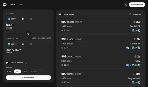 Cryptocurrency trading interface showing conversion from 1000 USDC to approximately 999.72 USD₮0 on Arbitrum One with slippage options and multiple route options with fast transaction times.