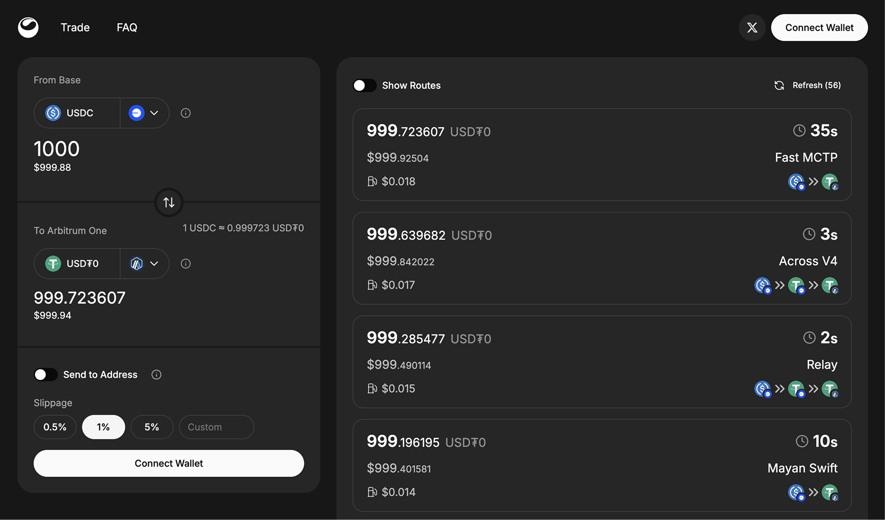 Cryptocurrency trading interface showing conversion from 1000 USDC to approximately 999.72 USD₮0 on Arbitrum One with slippage options and multiple route options with fast transaction times.