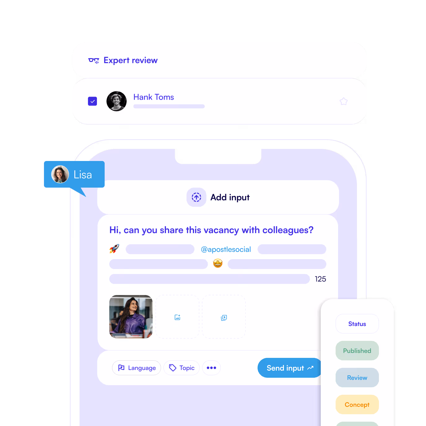A mobile app showcasing workflows like expert reviews and sending in content.