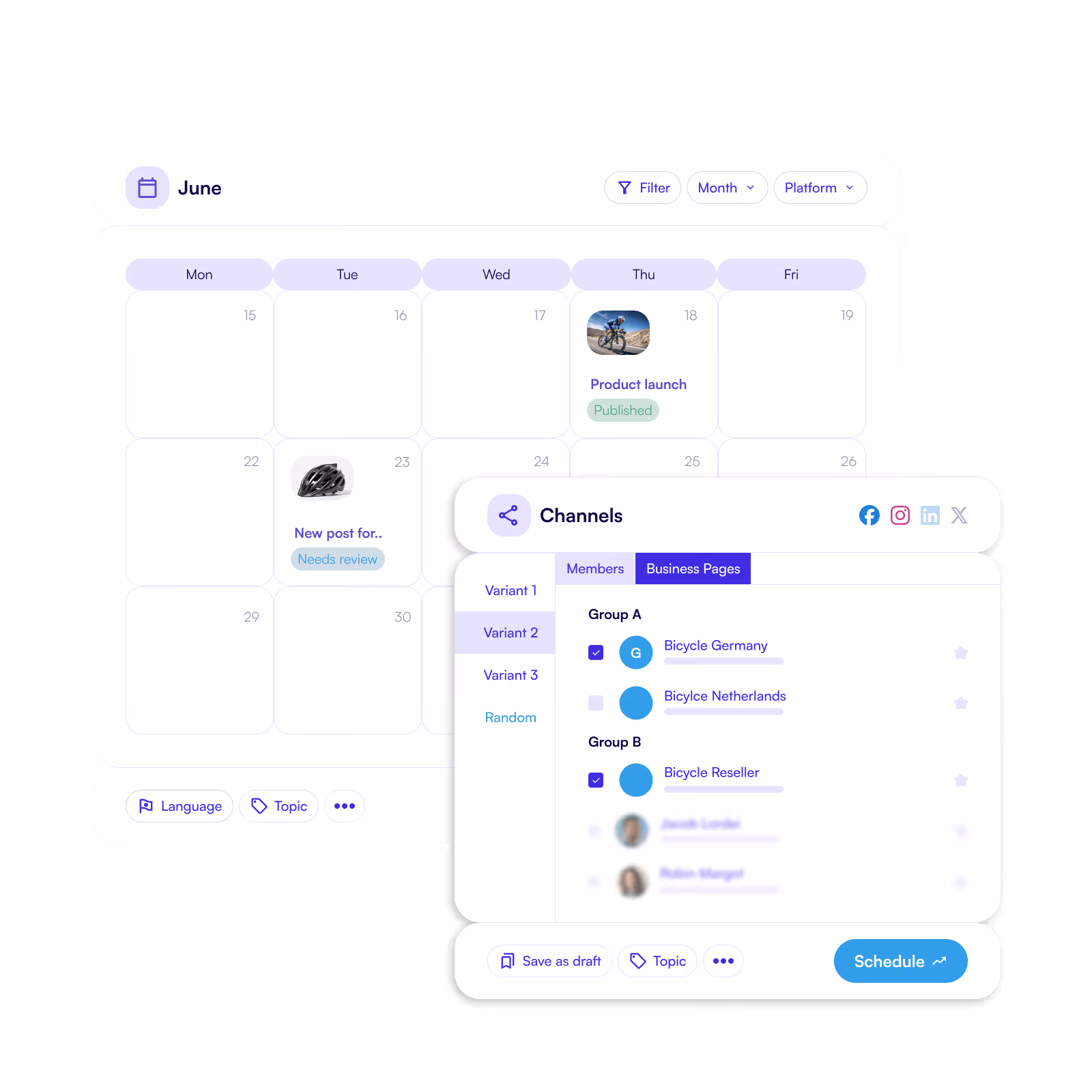 A calendar with the option to plan posts for business pages and personal accounts.