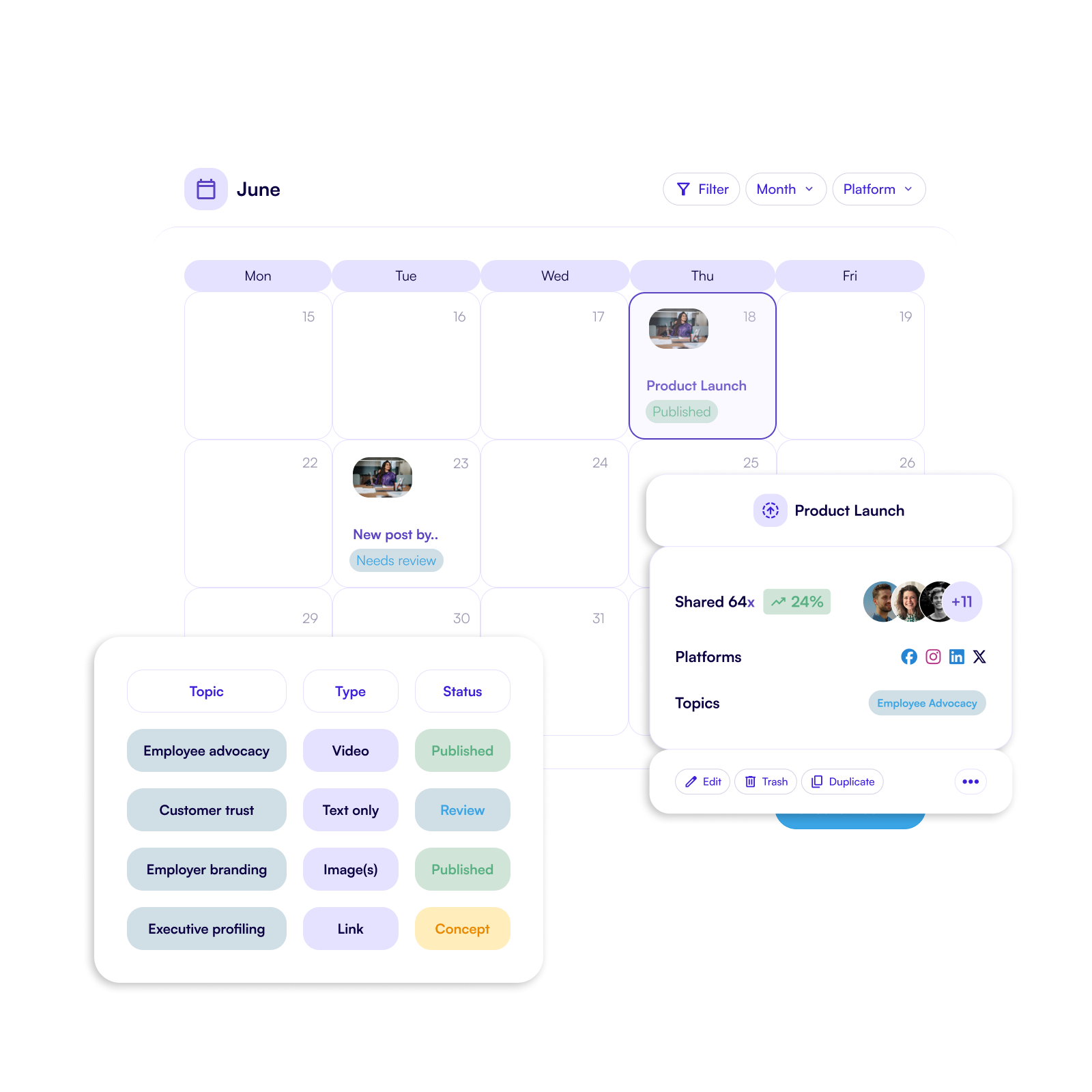 Content calender and themes to easily stay on top of content.