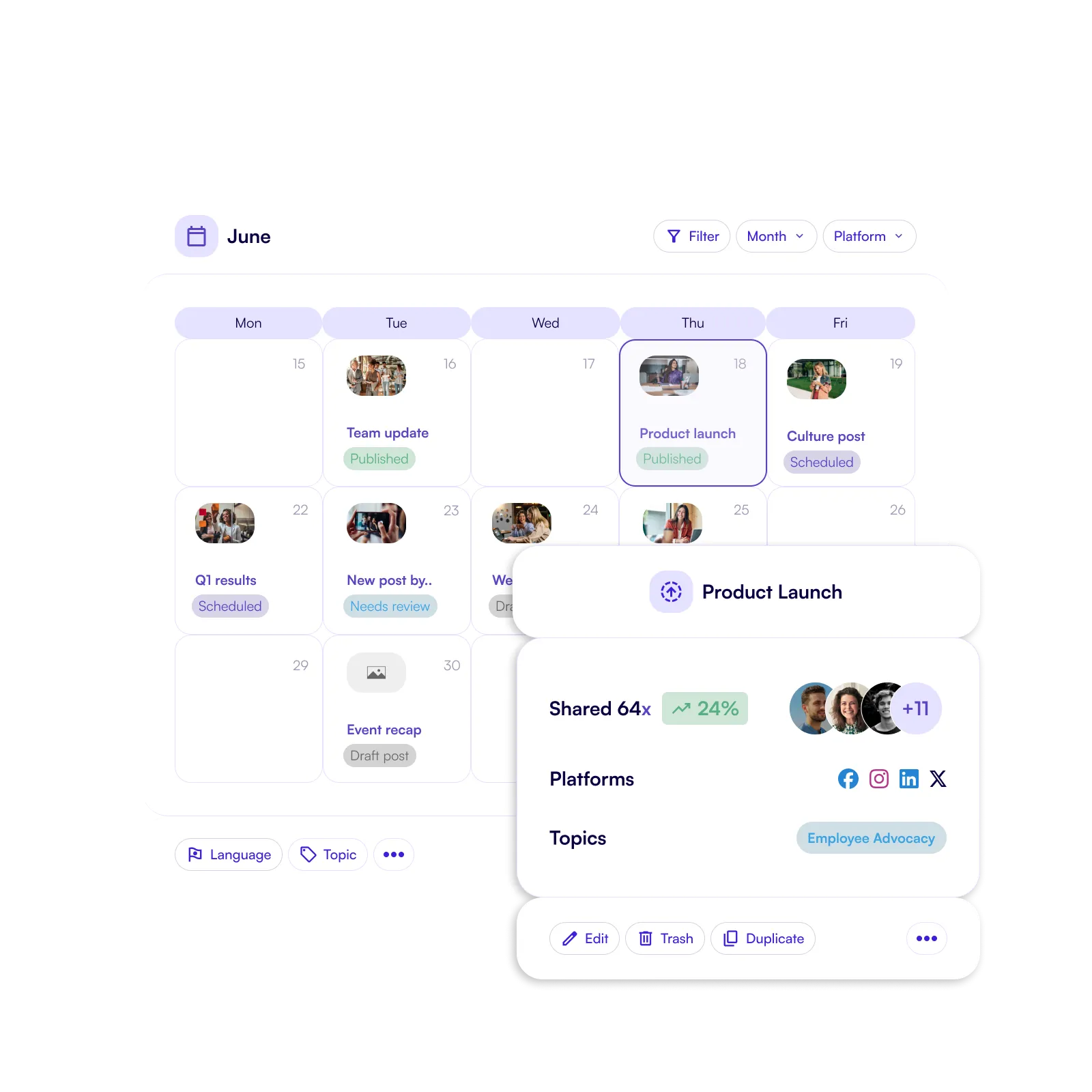 A filled in content calendar with a lot of shares from ambassadors
