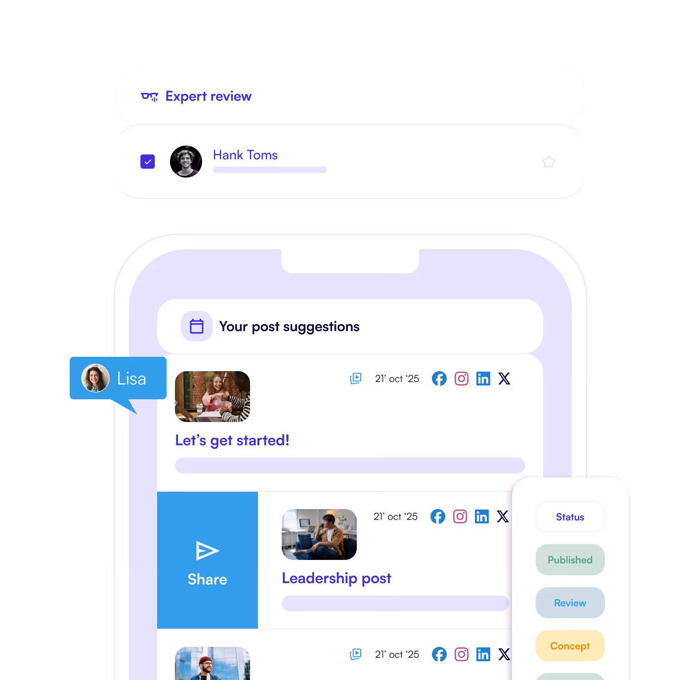 Mobile app with leadership posts and expert review workflow