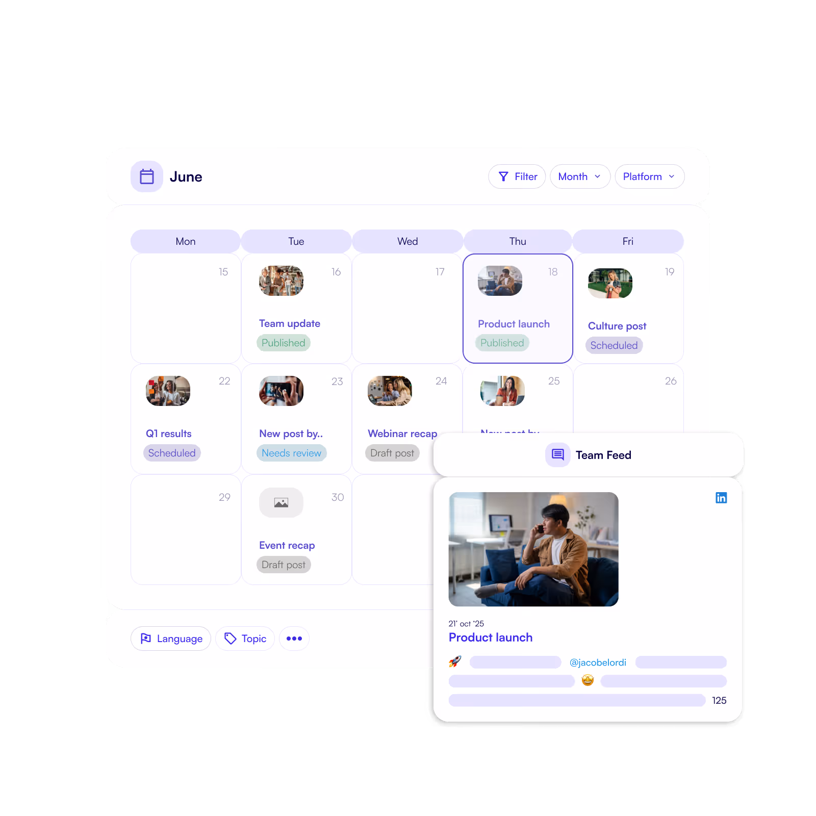 The content calendar where you can view all the posts that have and will be shared