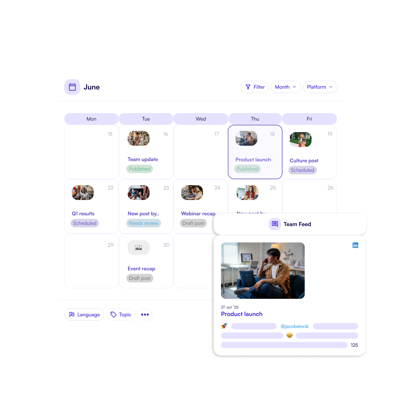 The content calendar where you can view all the posts that have and will be shared