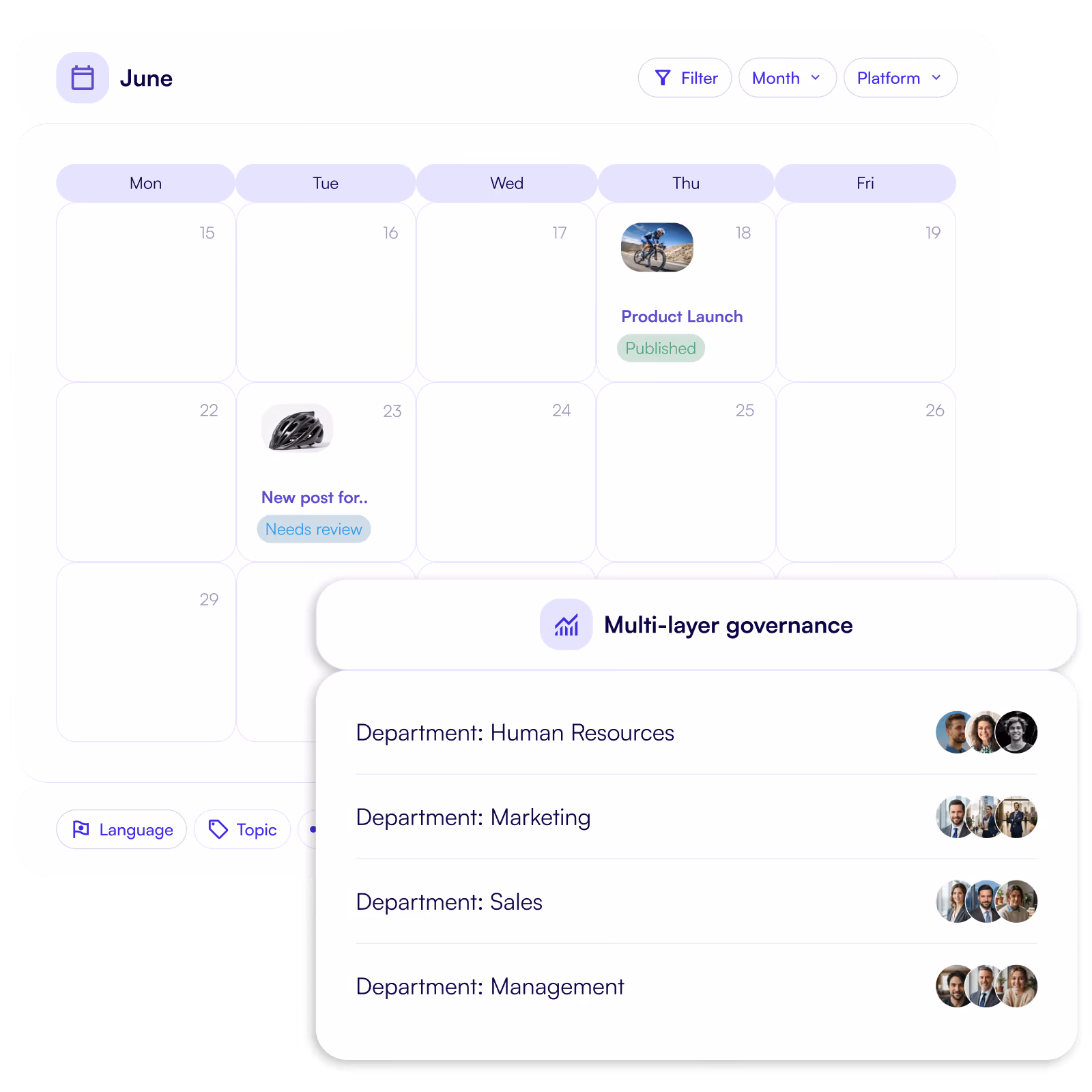 A calendar with governance options for different groups.