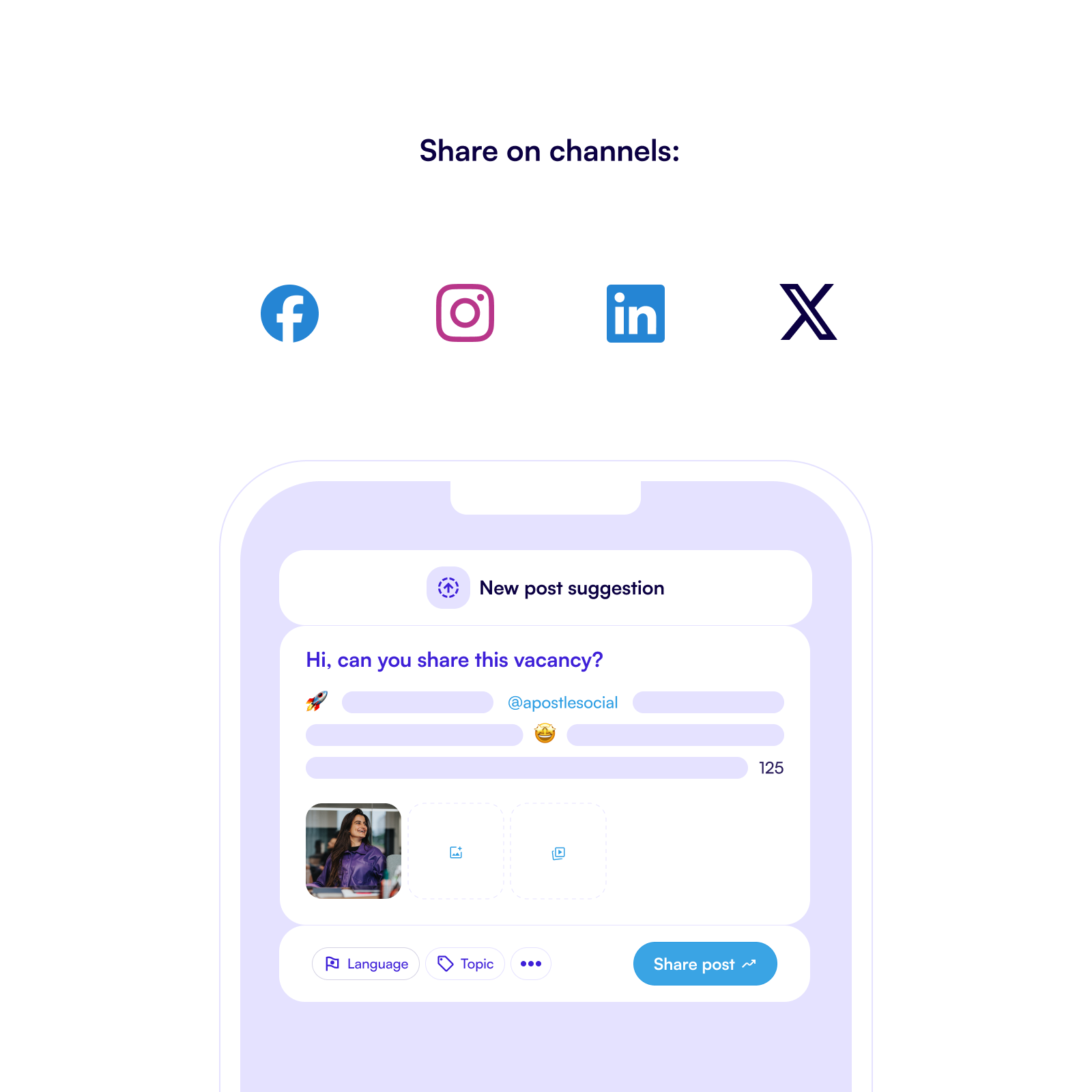 A mobile app with a vacancy post that you can share on Facebook, Instagram, LinkedIn or X.