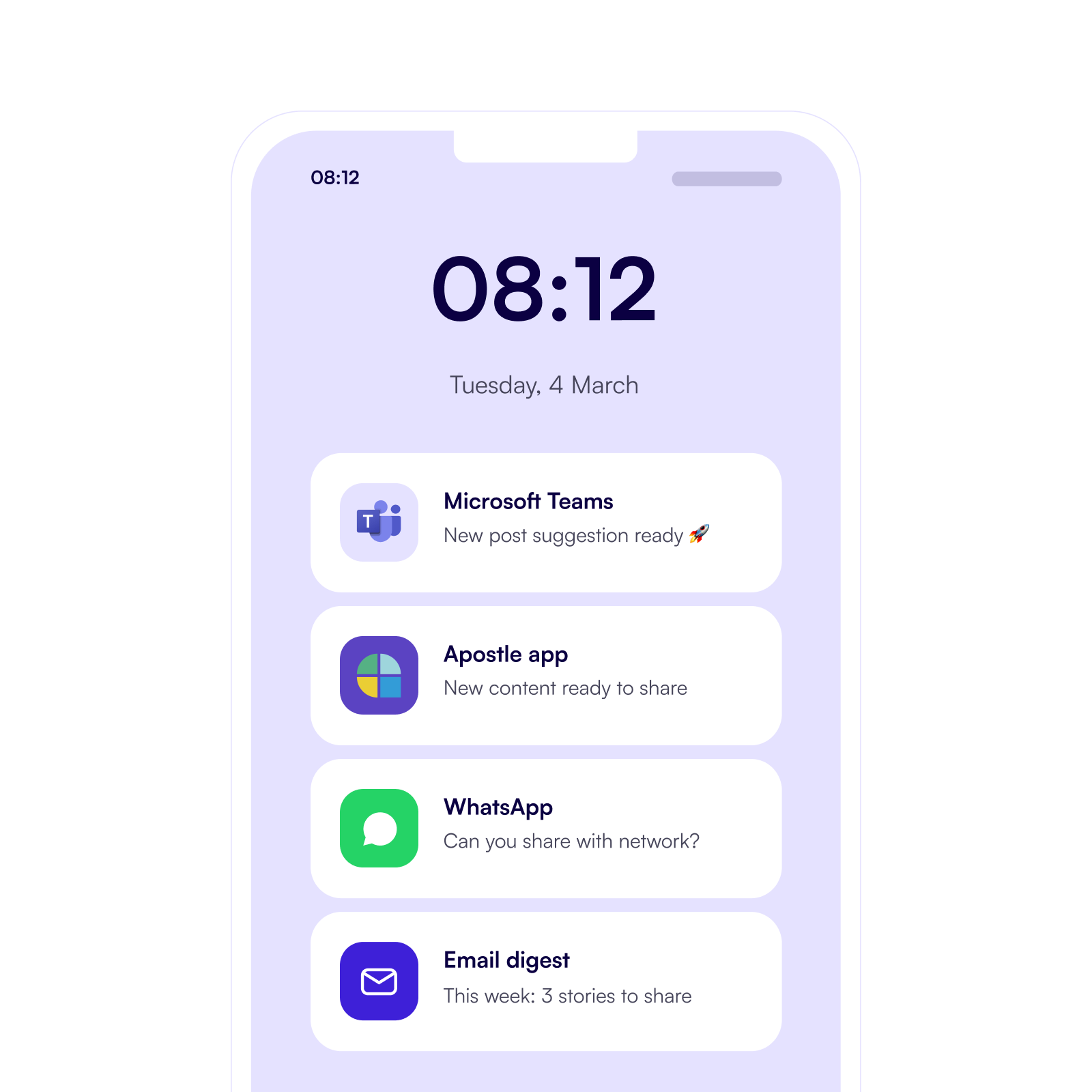 A mobile with notifications of Teams, the Apostle app, WhatsApp and email.
