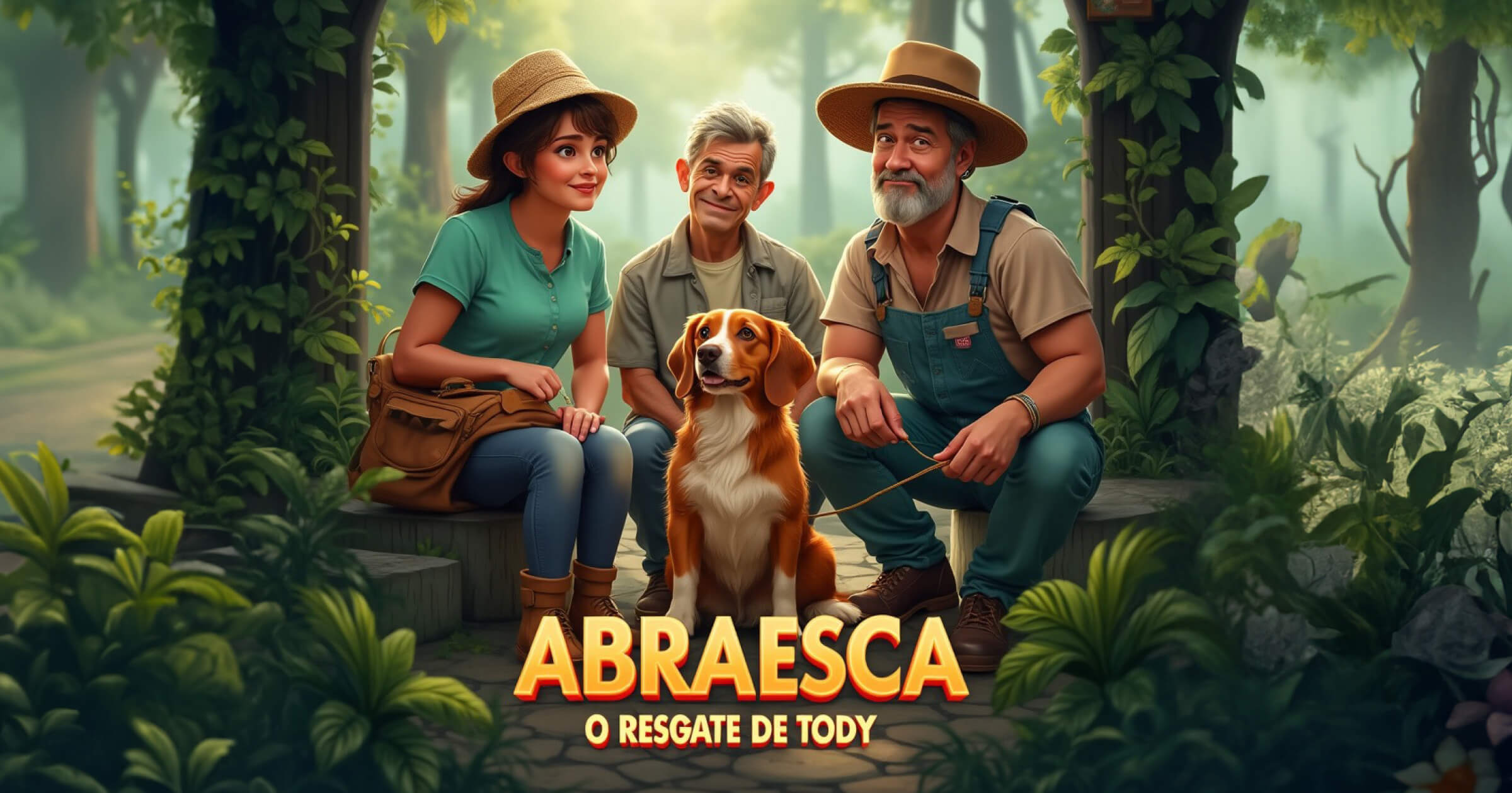 Três pessoas e um cachorro no meio de uma floresta