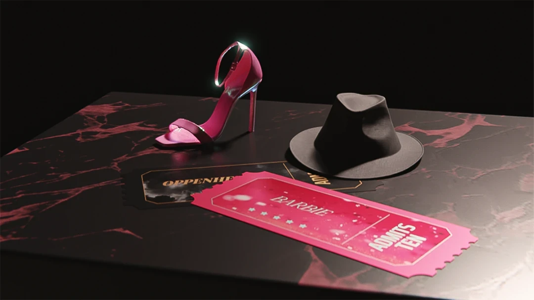 A 3D render of ticket to the Barbie movie, Oppenheimer’s hat and a pink heel