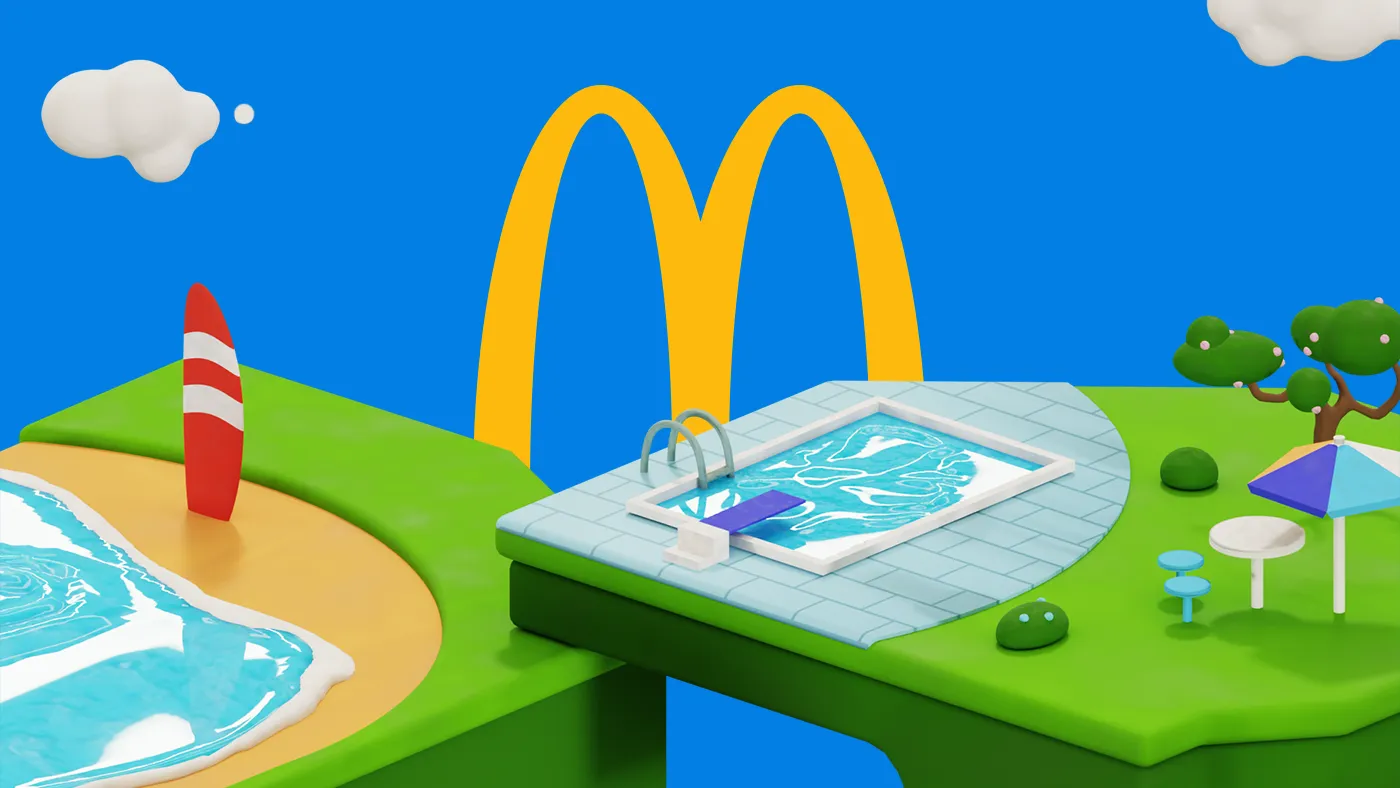 3D campaign artwork featuring two floating summer platforms: one with a sandy beach and surfboard, the other with a swimming pool, umbrella, and seating area. The bright blue sky and large McDonald’s arches dominate the background.