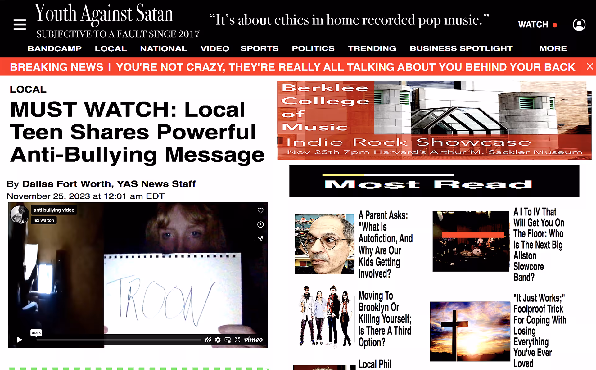 A screenshot of a satirical news website called “Youth Against Satan.” The main headline reads: “MUST WATCH: Local Teen Shares Powerful Anti-Bullying Message,” accompanied by a video still of a teenager holding up a handwritten sign. The page includes various sidebar articles, banners, and bright, chaotic layout elements typical of parody news sites.
