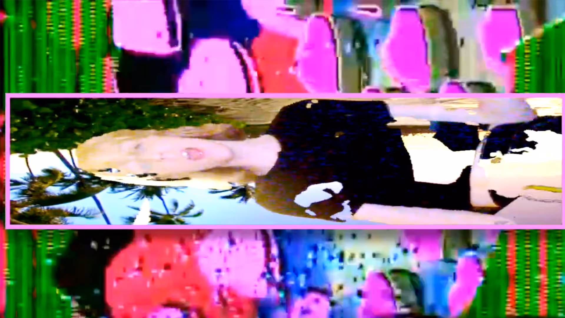 A collage with intense VHS-style distortion. In the centre frame, bordered in pink, a young blonde woman with bangs stands outdoors in front of palm trees, wearing a black shirt with a white graphic. The image is upside-down. Bright neon glitch textures fill the top and bottom sections.